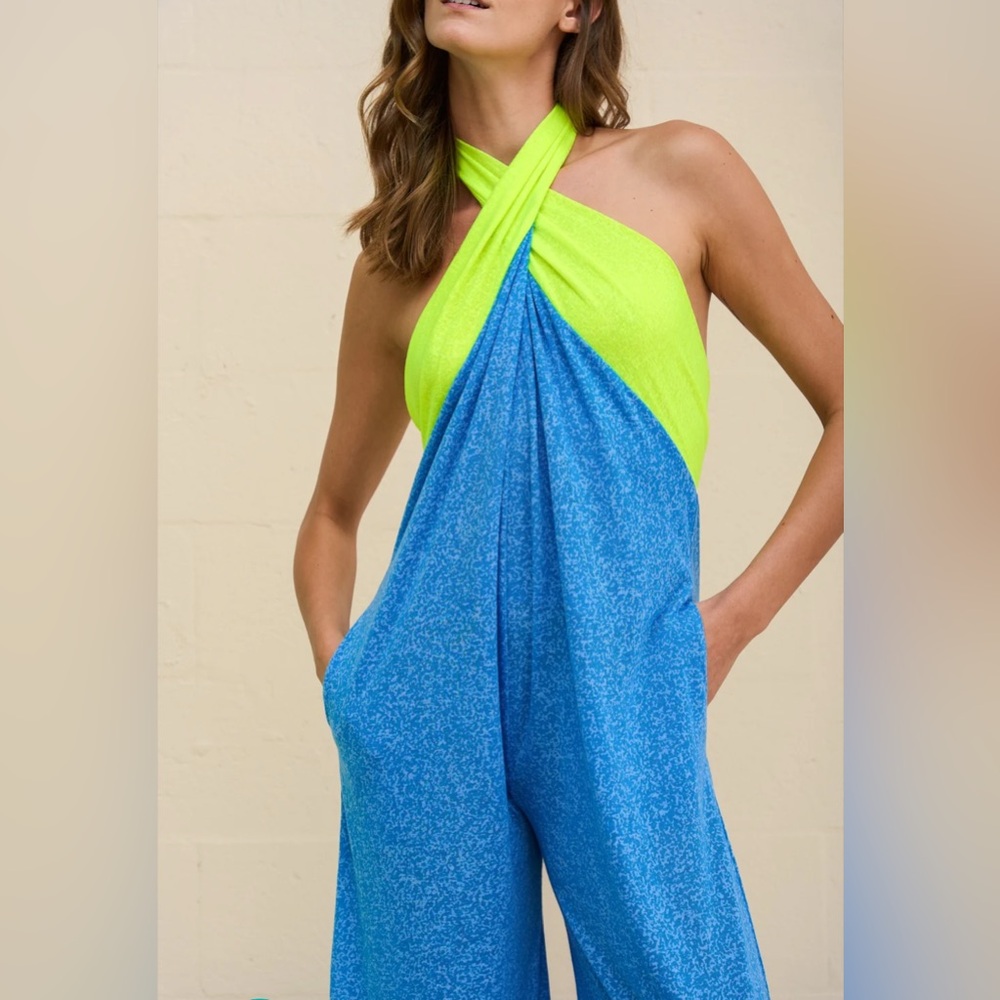 Pitusa Neon Lime and Sky Blue Halter Jumpsuit